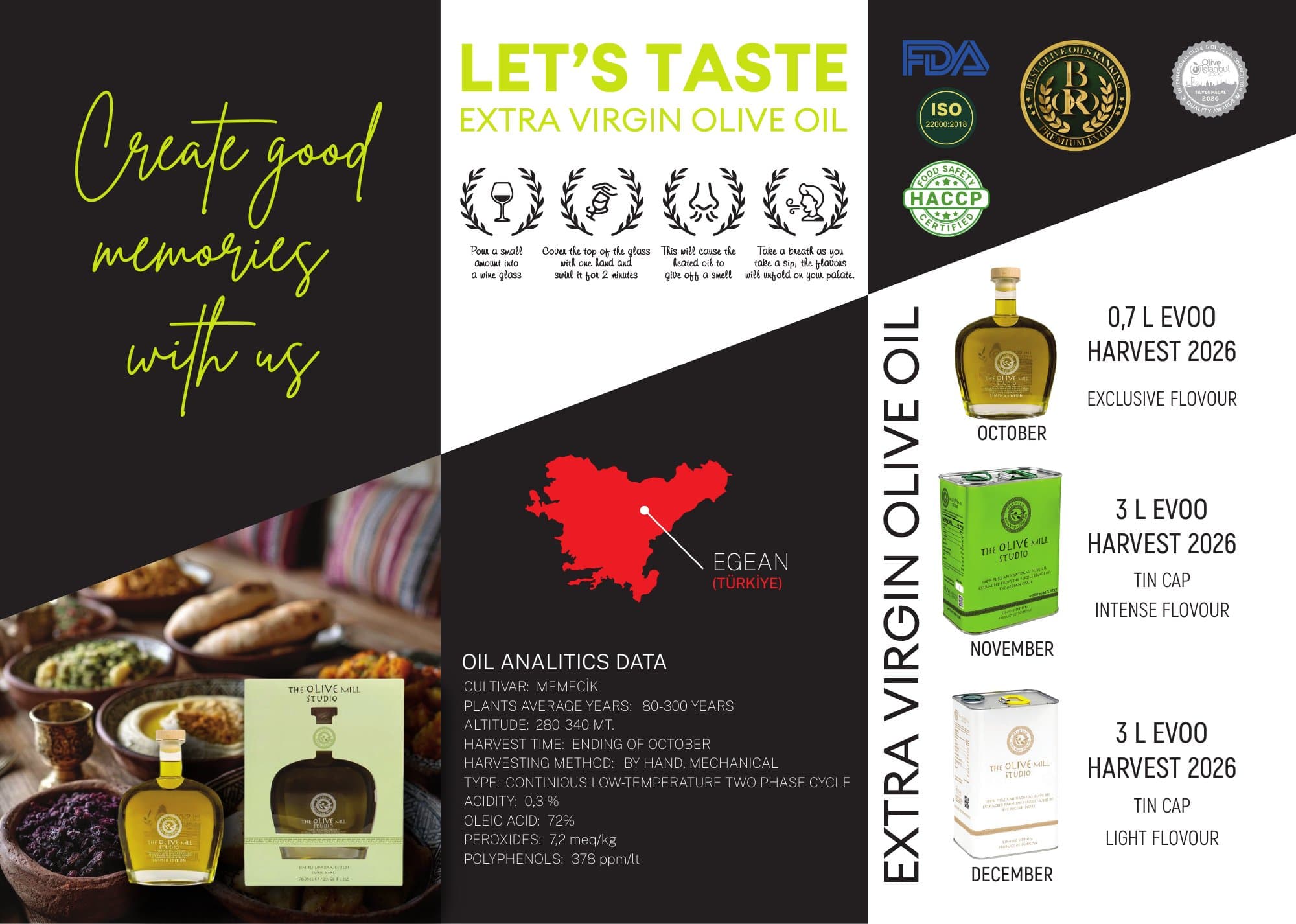 The Olive Mill Studio brochure, page 1 — tasting guide, certifications, oil analysis data and product range