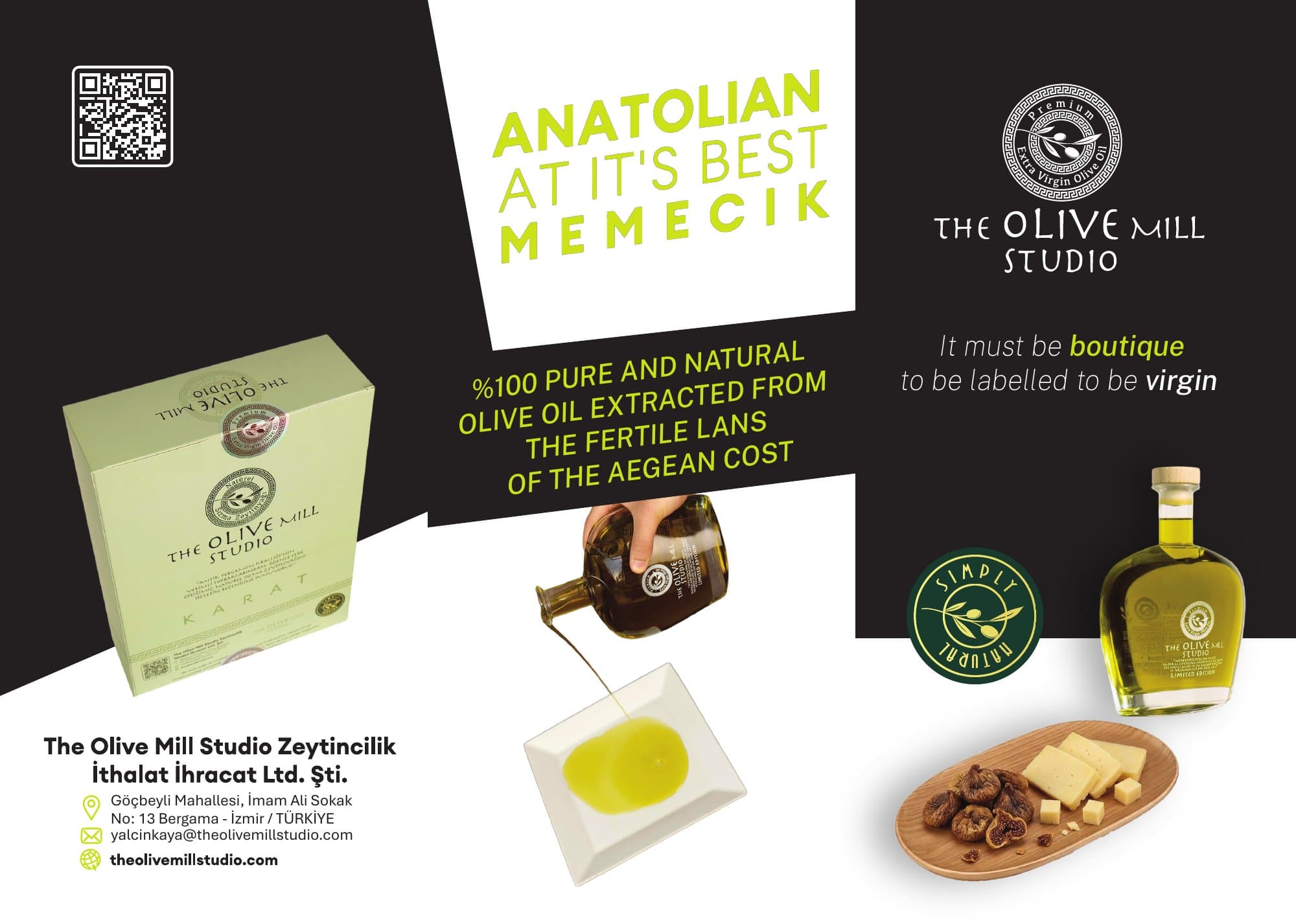 The Olive Mill Studio brochure, page 2 — Memecik olive oil and contact details